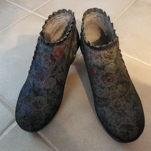 Leather floral print chunky heel comfy booties